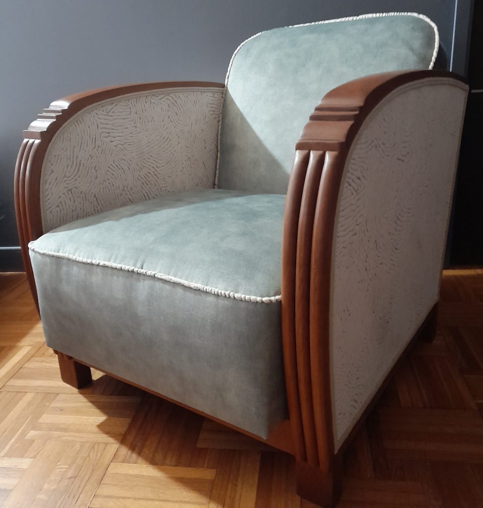 Fauteuil Art Déco à fond suspendu tissu Harlequin
